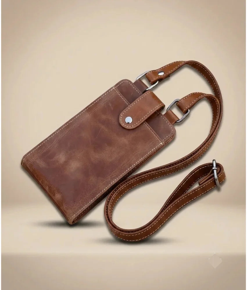 Leather Crossbody Phone Sling Bag - Tan - Pull Up