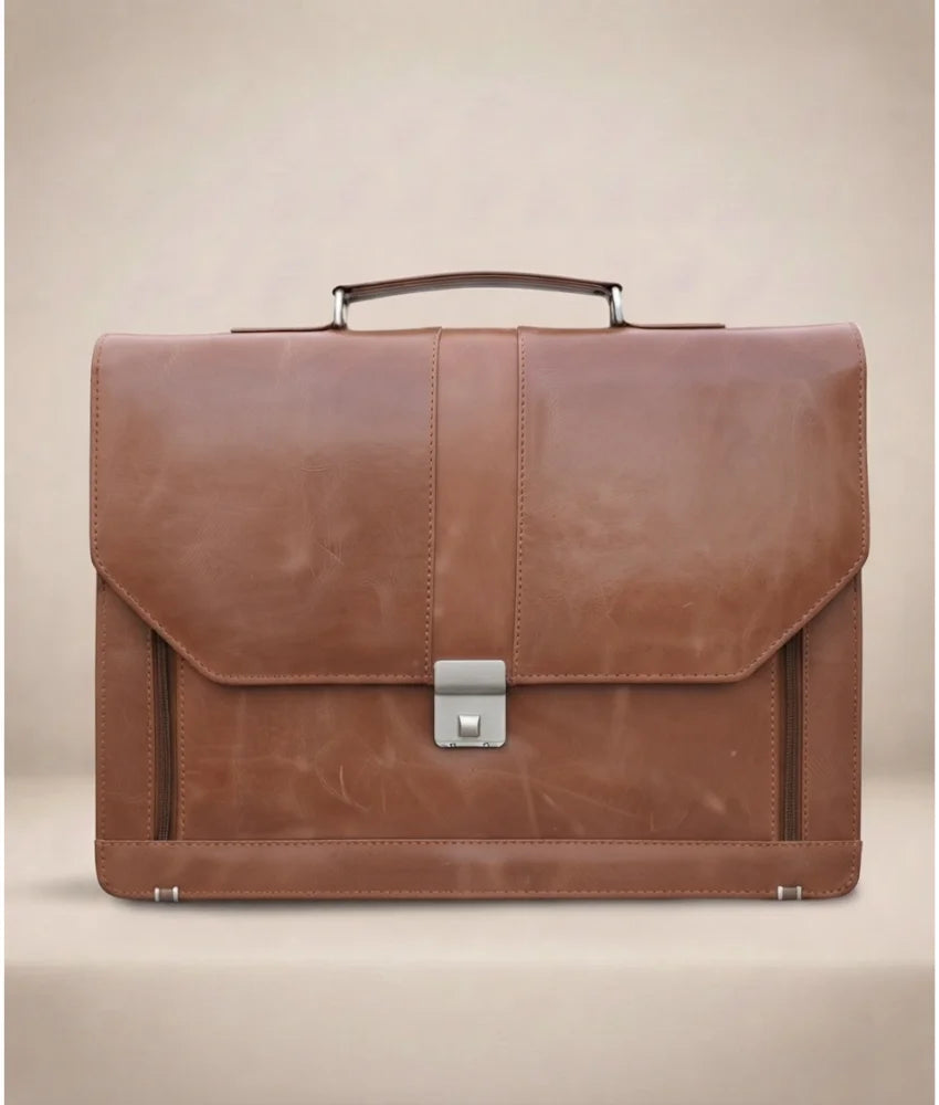 Office Leather Bag for Men - Tan - Pull Up